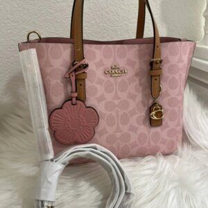 Coach Mollie Tote Bag 25 In Signature Canvas With Charms Gold/Powder Pink CER24
